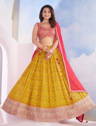 Yellow and pink zig-zag lehenga choli