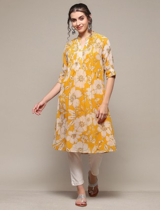 BIBA floral printed yellow cotton kurti