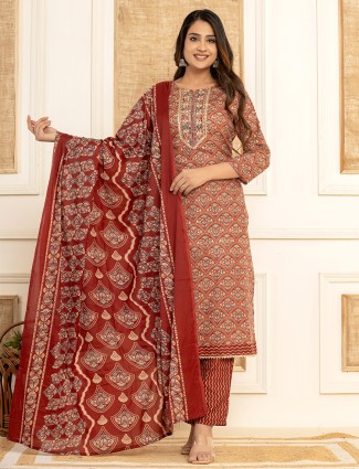 Cotton printed maroon kurti set with dupatta