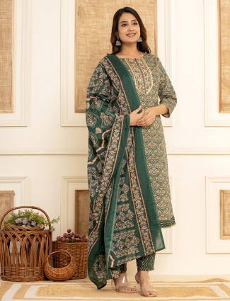 Cotton green printed kurti set with dupatta