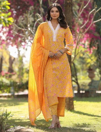 Beautiful printed yellow cotton kurti set