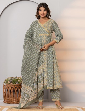 Trendy grey cotton printed kurti set