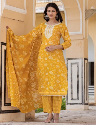 Mustard yellow cotton floral print kurti set