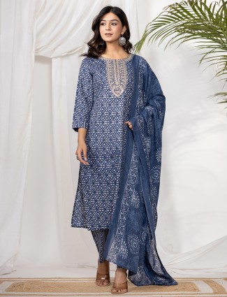 Printed dark blue cotton straight kurti set