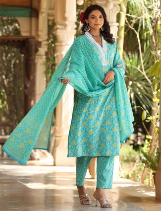 Stylish aqua cotton printed kurti set