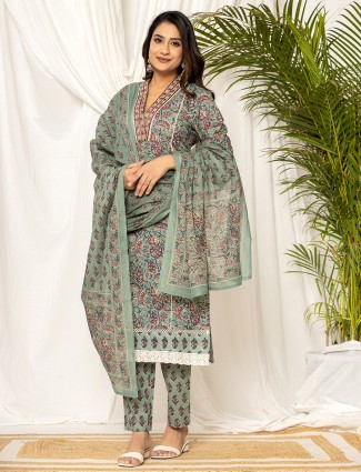 Classy grey cotton printed kurti set