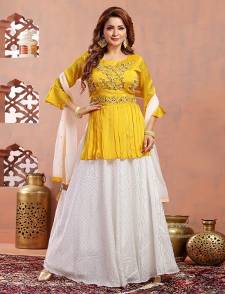 Elegant yellow and white silk lehenga suit