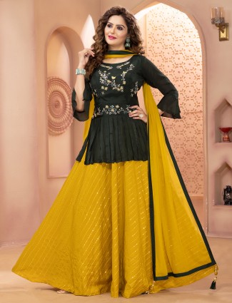 Georgette dark green and yellow lehenga choli