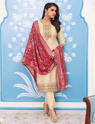 Stunning beige silk salwar suit for festive