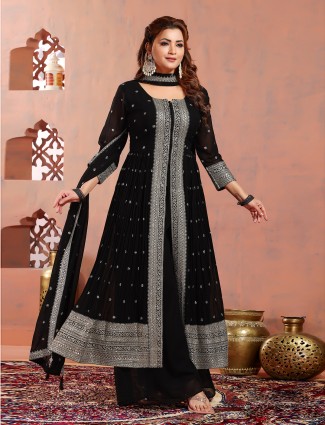 Stunning black georgette front slit palazzo suit