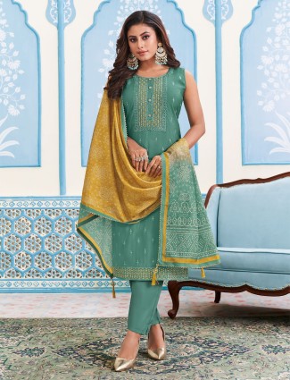 Trendy rama green silk straight cut salwar suit