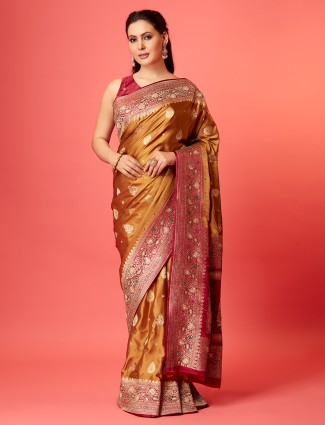 Elegant mustard yellow silk zari saree