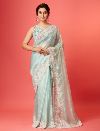 Newest sky blue soft organza saree