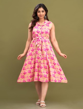 Cotton floral print pink kurti