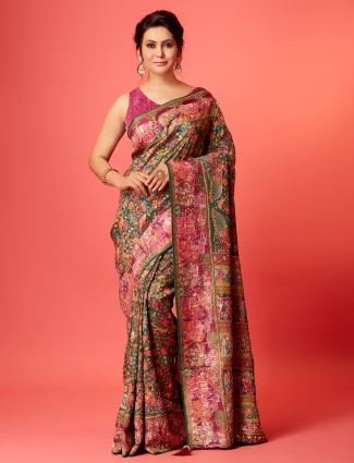 Dark green printed pashmina silk saree