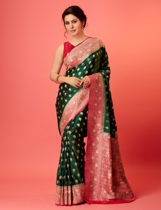 Stunning dark green silk zari saree