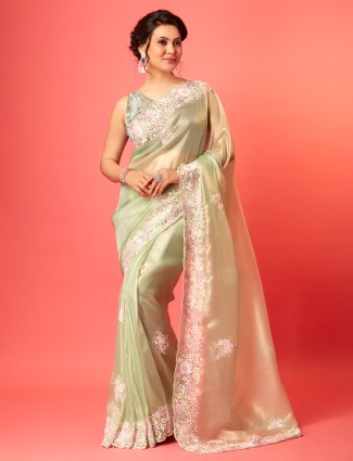 Classy light green soft organza saree