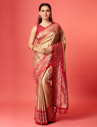 Fawn beige silk zari saree