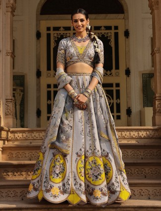 Grey silk floral print lehenga choli