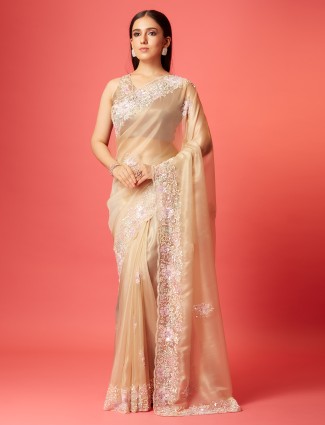 Trendy light peach organza saree