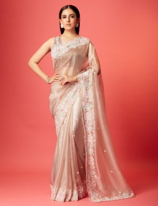 Trendy light pink soft organza saree