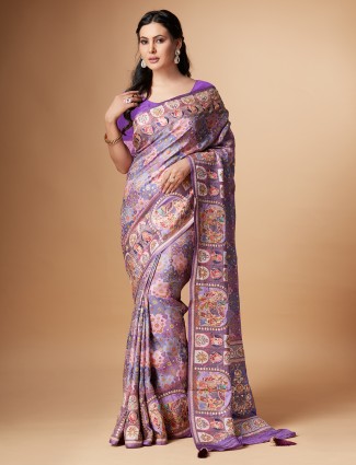 Trendy lilac purple printed silk saree