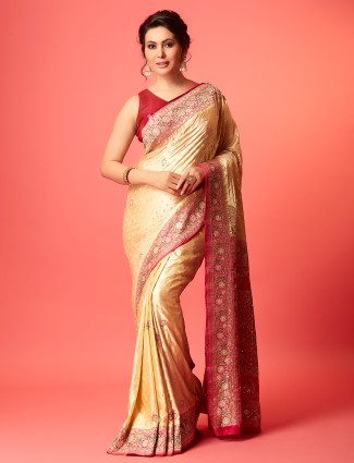 Beige silk saree with zari work