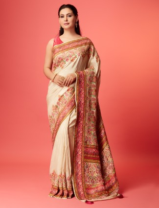 Trendy off-white pashmina silk saree