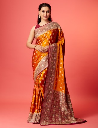 Orange silk saree with contrast border