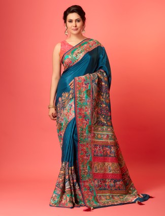 Pashmina silk rama blue saree