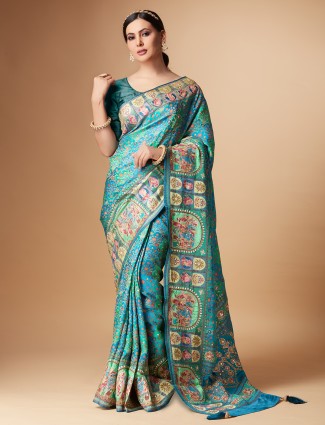 Rama blue silk printed saree