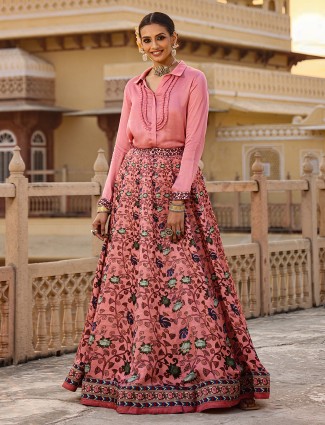 Floral printed pink silk shirt with lehenga 