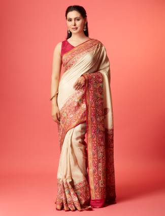 Elegant cream pashmina silk saree