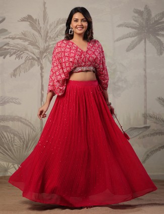 Magenta georgette crop top with lehenga