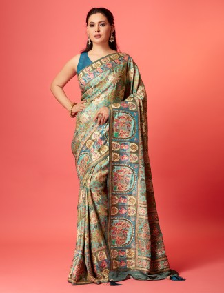 Latest mint green silk printed saree