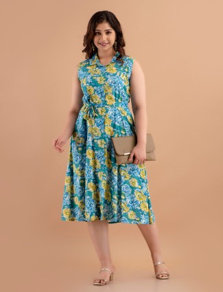 Stylish green cotton floral printed kurti