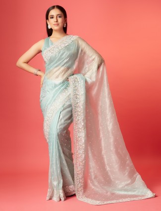 Beautiful sky blue soft organza saree