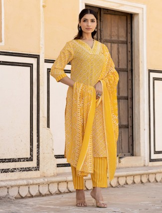 Printed cotton yellow kurti set