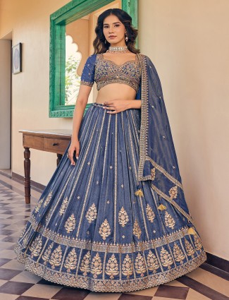 Stone blue velvet lehenga choli with dupatta