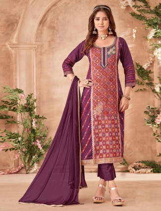 Silk printed purple salwar suit