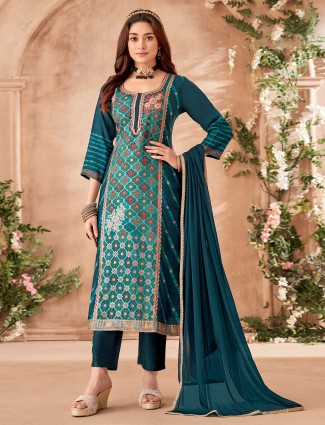 Printed rama blue salwar suit in silk