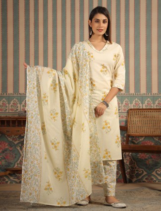 Pretty cream printed cotton kurti set