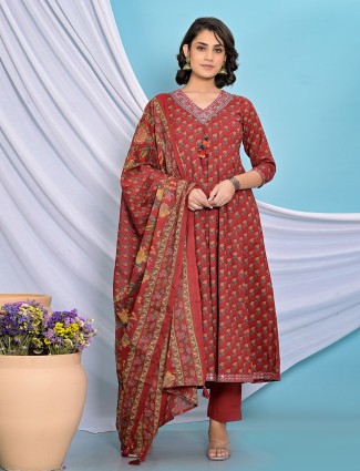 Cotton floral printed maroon kurti set