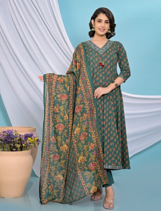 Stylish rama green floral print kurti set