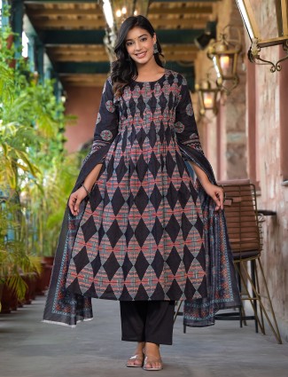 Stunning black printed cotton kurti set