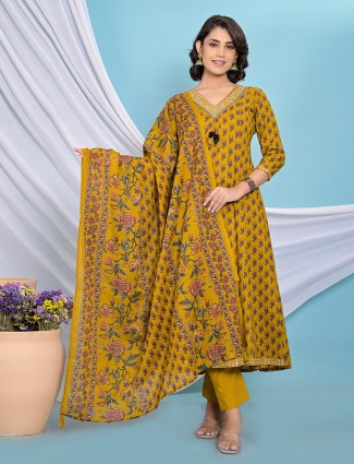 Mustard yellow floral print cotton kurti set