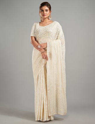 Cream embroidery georgette saree