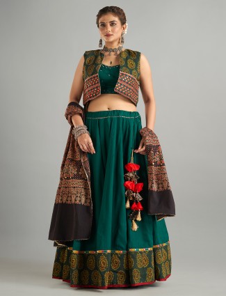 Dark green jacket style cotton chaniya choli