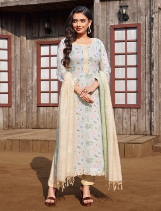 Sky blue floral printed cotton salwar suit