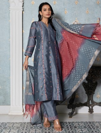 Elegant silk grey salwar suit suit